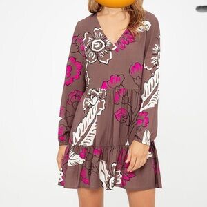 Gef Mocha Long Sleeve Farm Rio Dress Cafe Abstract Print | Size Small